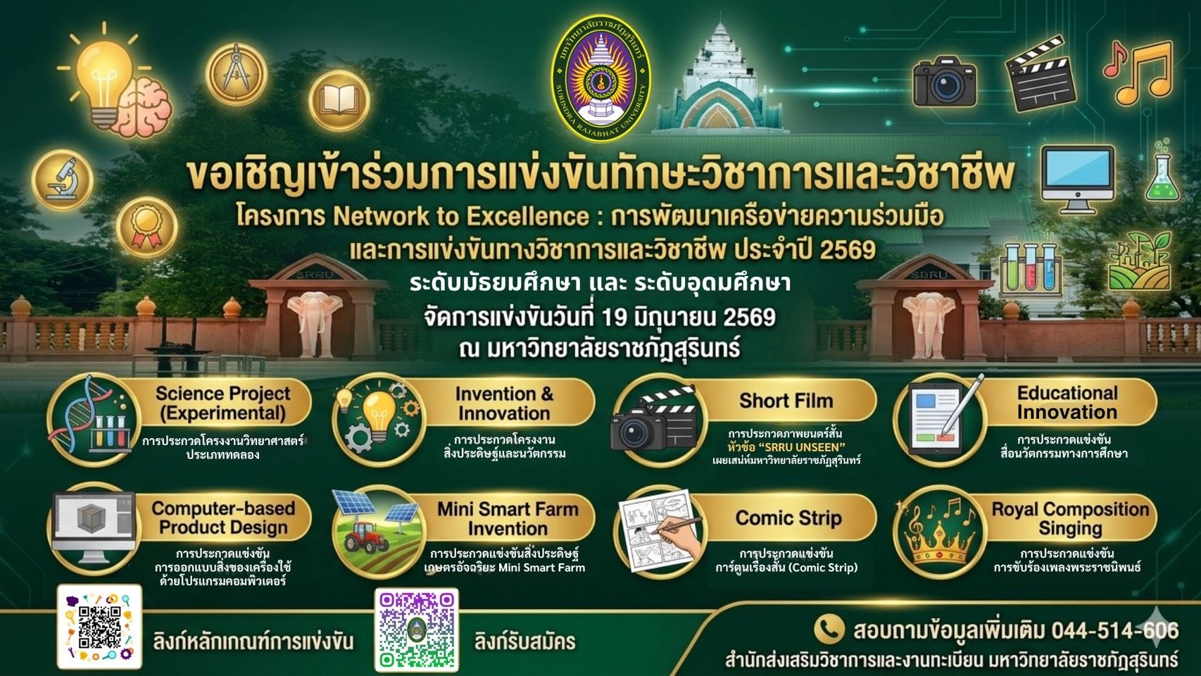 ม.ราชภัฏสุรินทร์ ขอเชิญร่วมแข่งขันทักษะวิชาการและวิชาชีพ โครงการ Network to Excellene : การพัฒนาเครือข่ายความร่วมมือและการแข่งขันทักษะทางวิชาการและวิชาชีพ ประจำปี 2569